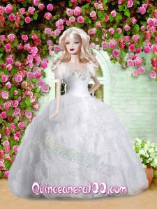 White Barbie Doll Dress with Appliques and Rolling Followers
