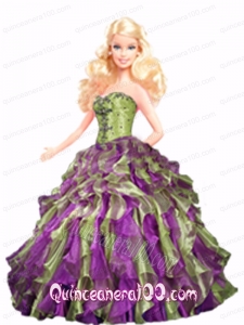 Multi-color Barbie Doll Dress with Beading and Ruffles