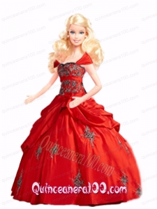 Red Barbie Doll Dress with Appliques and Pick-ups
