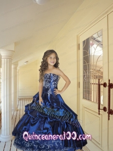 New Style Strapless Navy Blue Little Girl Pageant Dress with Appliques and Pick-ups