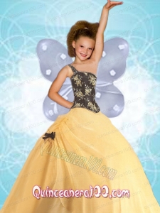 Newest One Shoulder Yellow Little Girl Pageant Dress with Appliques