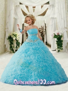 New Arrival Strapless Blue Little Girl Pageant Dress with Appliques and Ruffles