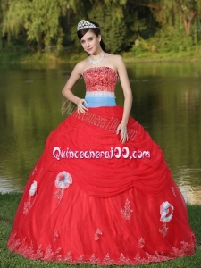 2014 Sash Decorate Appliques Red Strapless Ruffled Quinceanera Dresses