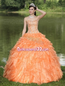 Best Orange Ruffled Layers Strapless Quinceanera Dress with Beading