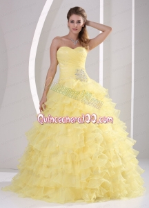 Light Yellow Ruffles Sweetheart Appliques and Ruching 16 Birthday Party Dress