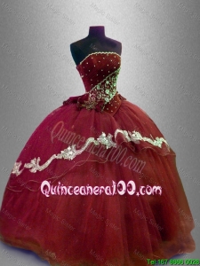 Hot Sale Appliques Strapless Quinceanera Gowns with Beading for 2016