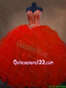 Pretty Red Sweetheart Quinceanera Gowns with Ruffles and Beading