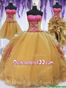 Three Piece Laced Beaded Brush Train Detachable Quinceanera Dress in Gold and Hot Pink
