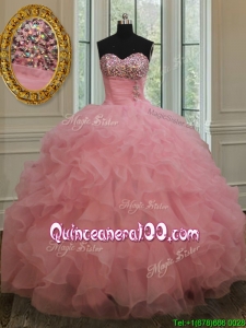 2017 New Style Beaded and Ruffled Pink Quinceanera Dress in Organza