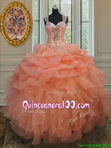 Popular See Through Back Straps Organza Quinceanera Gown with Zipper Up