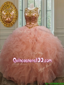 2017 Exquisite See Through Scoop Beaded and Ruffled Quinceanera Dress in Peach