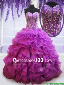 Affordable Visible Boning Eggplant Purple Quinceanera Dress with Beaded Bodice and Ruffles