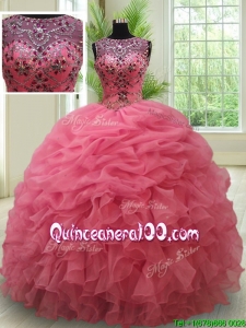 Best Selling See Through Bateau Watermelon Quinceanera Dress with Beading