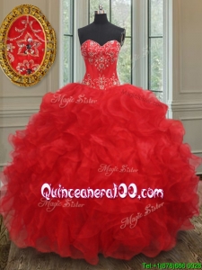 Elegant Organza Red Quinceanera Dress with Beading and Ruffles