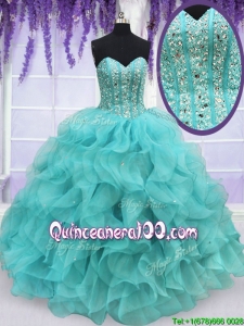 Exclusive Visible Boning Beaded and Ruffled Quinceanera Dress in Aqua Blue