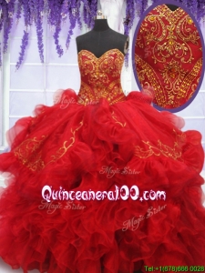 2017 Fashionable Embroideried and Ruffled Red Quinceanera Dress with Brush Train