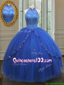Fashionable High Neck Tulle Blue Quinceanera Dress with Beaded Appliques