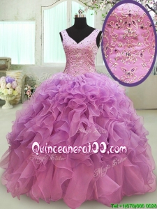 Gorgeous Big Puffy V Neck Beaded and Ruffled Quinceanera Dress in Organza