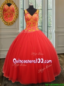 New Style Ball Gown V Neck Rust Red Sweet 16 Dress with Beaded Appliques