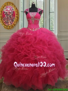 New Style Square Tulle Coral Red Quinceanera Dress with Cap Sleeves