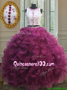 Discount Two Piece Laced Beaded Burgundy Quinceanera Dress with Ruffles