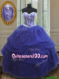 Lovely Beaded and Sequined Blue Prom Ball Gown in Tulle