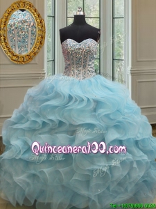 Popular Visible Boning Beaded Bodice Organza Quinceanera Dress in Light Blue