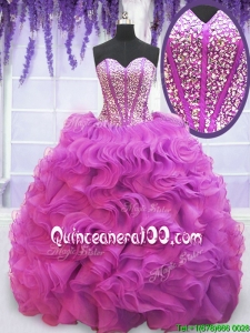 Sweet Visible Boning Beaded Bodice Ruffled Quinceanera Dress with Brush Train
