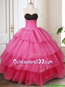 Affordable Black and Hot Pink Quinceanera Dress with Beading and Ruffled Layers