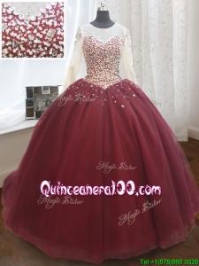 Elegant See Through Scoop Brush Train Quinceanera Dress with Long Sleeves