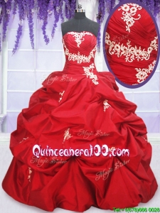 Romantic Puffy Skirt Red Sweet 15 Dress with Appliques and Pick Ups