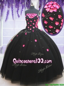 Wonderful Applique Decorated Bodice and Beaded Quinceanera Dress in Black
