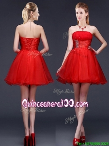 Wonderful Strapless Red Short Dama Dress with Beading and Ruching