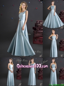 Best Selling Elastic Woven Satin Long Dama Dress in Light Blue