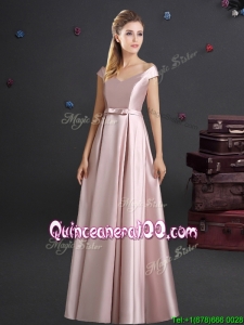 Beautiful Off the Shoulder Bowknot Long Dama Dress in Pink