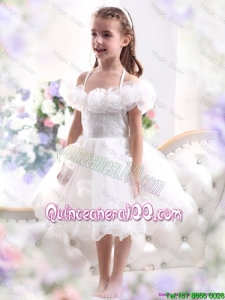 Comfortable White Halter Top Mini Quinceanera Dresses with Hand Made Flower