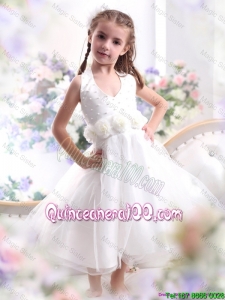 Cute Halter Top White Mini Length Mini Quinceanera Dresses with Hand Made Flower