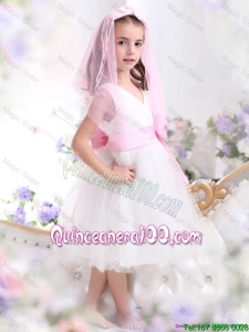 Beautiful White Flower Girl Dress with Baby Pink Waistband and Hand Made Flower