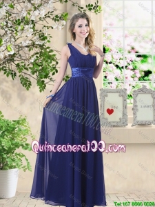 Great Wonderful Ruched Navy Blue Dama Dresses with V Neck