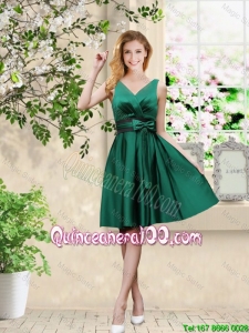Pretty Wonderful V Neck Bowknot Hunter Green Dama Dresses with Knee Length
