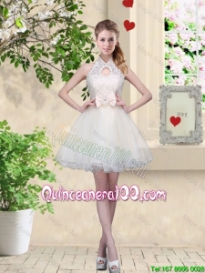 Great Feminine A Line Halter Top Dama Dresses with Bowknot and Lace