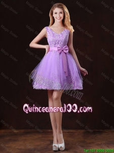 Pretty Discount V Neck Tulle Dama Dresses with Bowknot