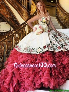 Cheap Embroideried and Ruffled Red and White Quinceanera Dress with Brush Train