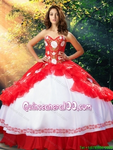Beautiful Embroideried White and Red Quinceanera Dress in Organza and Taffeta