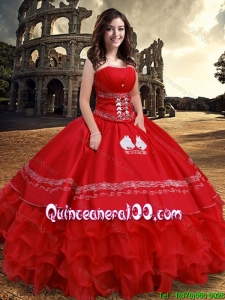 Exquisite Puffy Skirt Organza Strapless Ruffled Layers Quinceanera Dress in Red