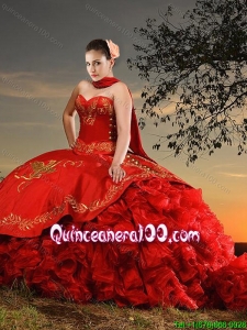 Western Theme Popular Sweetheart Organza and Taffeta Red Quinceanera Dress with Brush Train