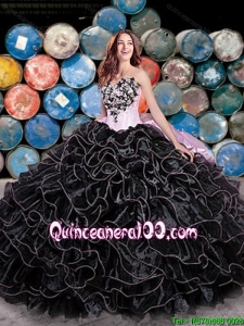 Perfect Puffy Skirt Beaded and Ruffleed Black Quinceanera Dress with Pick Ups