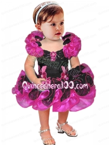 Luxurious Appliques and Ruffles Short Little Girl Dresses in Black and Fuchsia