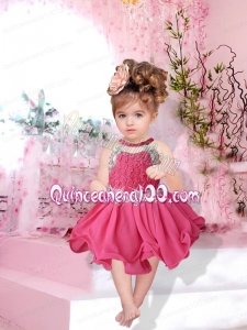 2015 Halter Backless A-Line Knee-length Little Girl Dress with Appliques and Beading