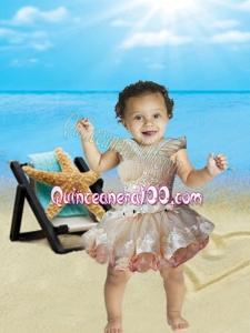 Champagne Short V-neck Lace-up Little Girl Dress with Ruching and Appliques